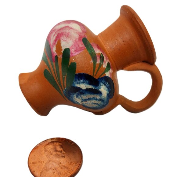Vintage RARE Miniature Portugal Clay Jug Vase with Handpainted Floral Design - Picture 9 of 10